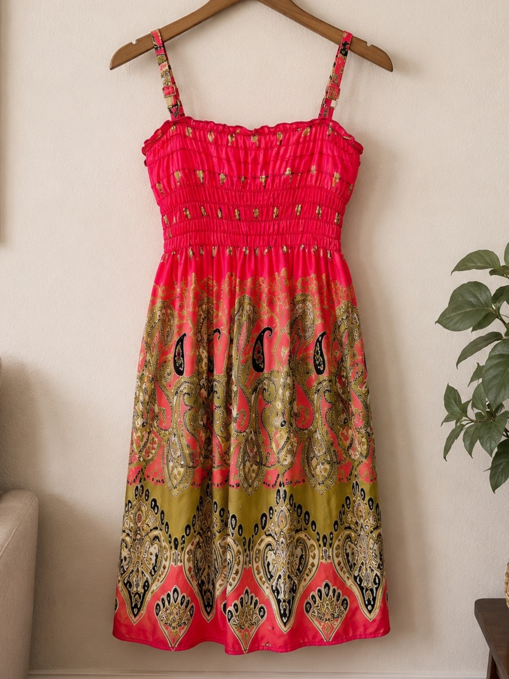 🌺 Coral Paisley Smocked Sundress | Adjustable Straps | Fits Medium